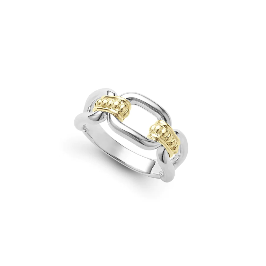 Lagos Signature Caviar Two Tone Link Ring | LMFJ