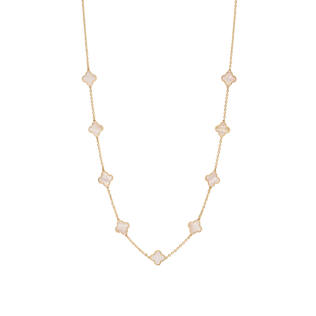 7mm Clover Station Necklace in Yellow Gold with Mother of Pearl | LMFJ