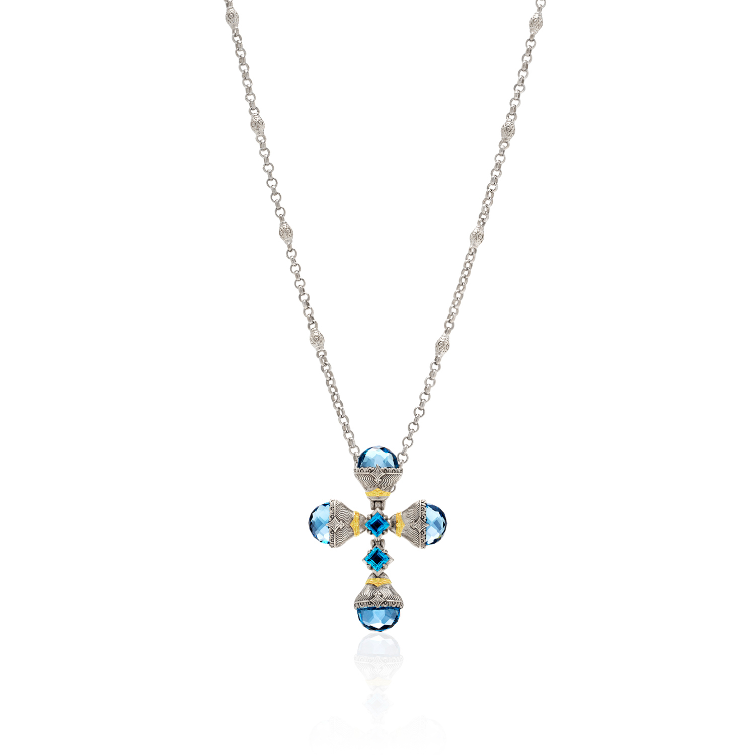 Konstantino Kyma Nightfall Cross Necklace with Blue Topaz | LMFJ