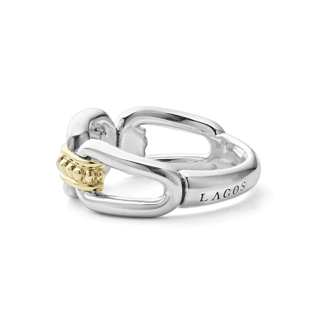 Lagos Signature Caviar Two Tone Link Ring | LMFJ