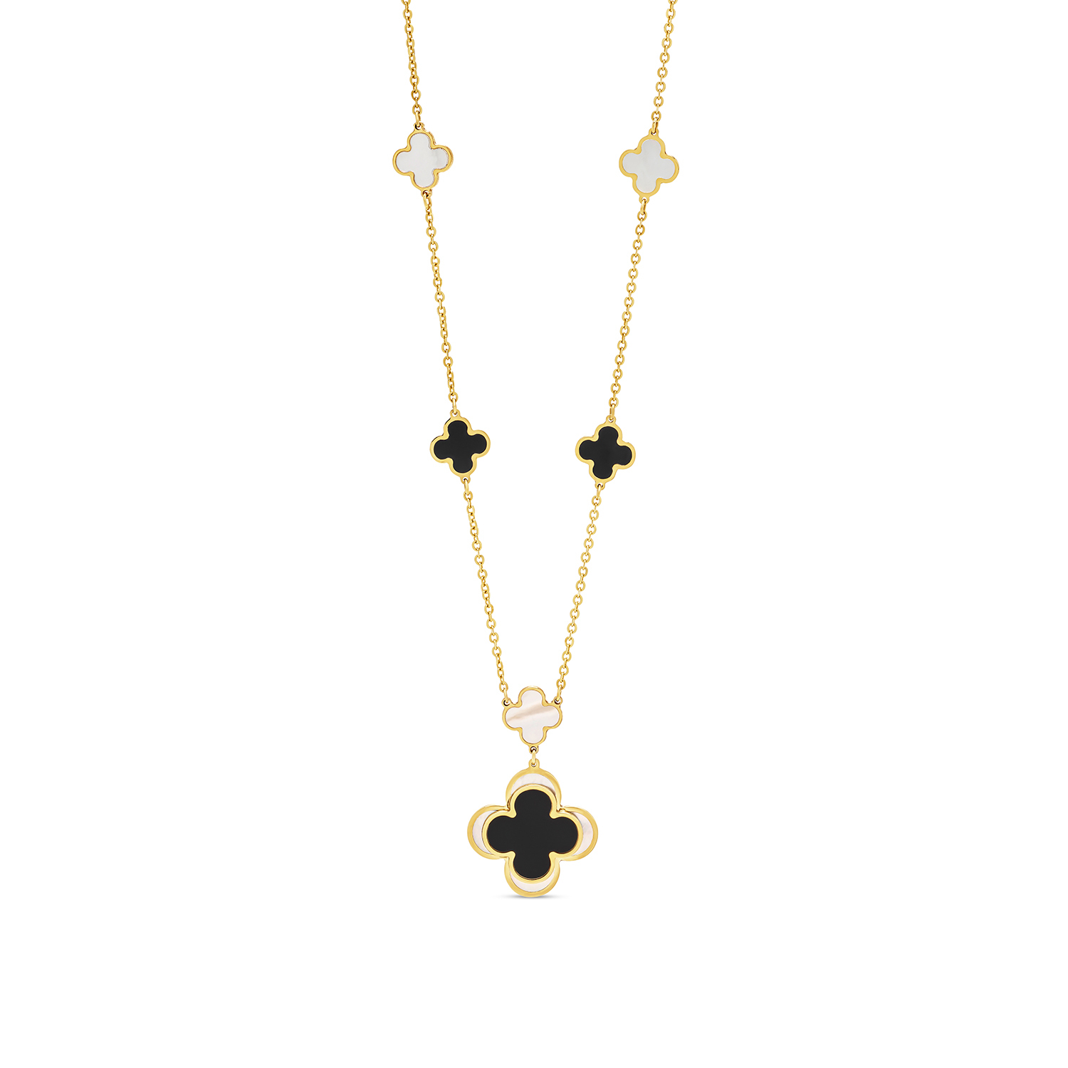 Black Onyx and Mother of Pearl Double Clover Station Necklace | LMFJ