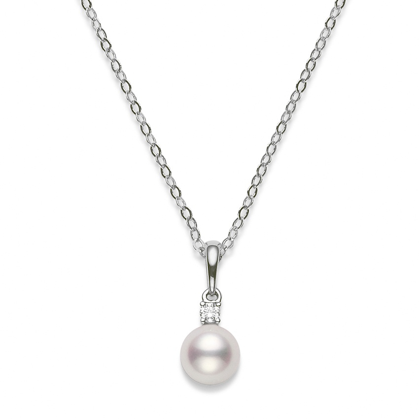 Mikimoto 7.5-7 mm A Pearl Pendant Necklace with Single Diamond | LMFJ